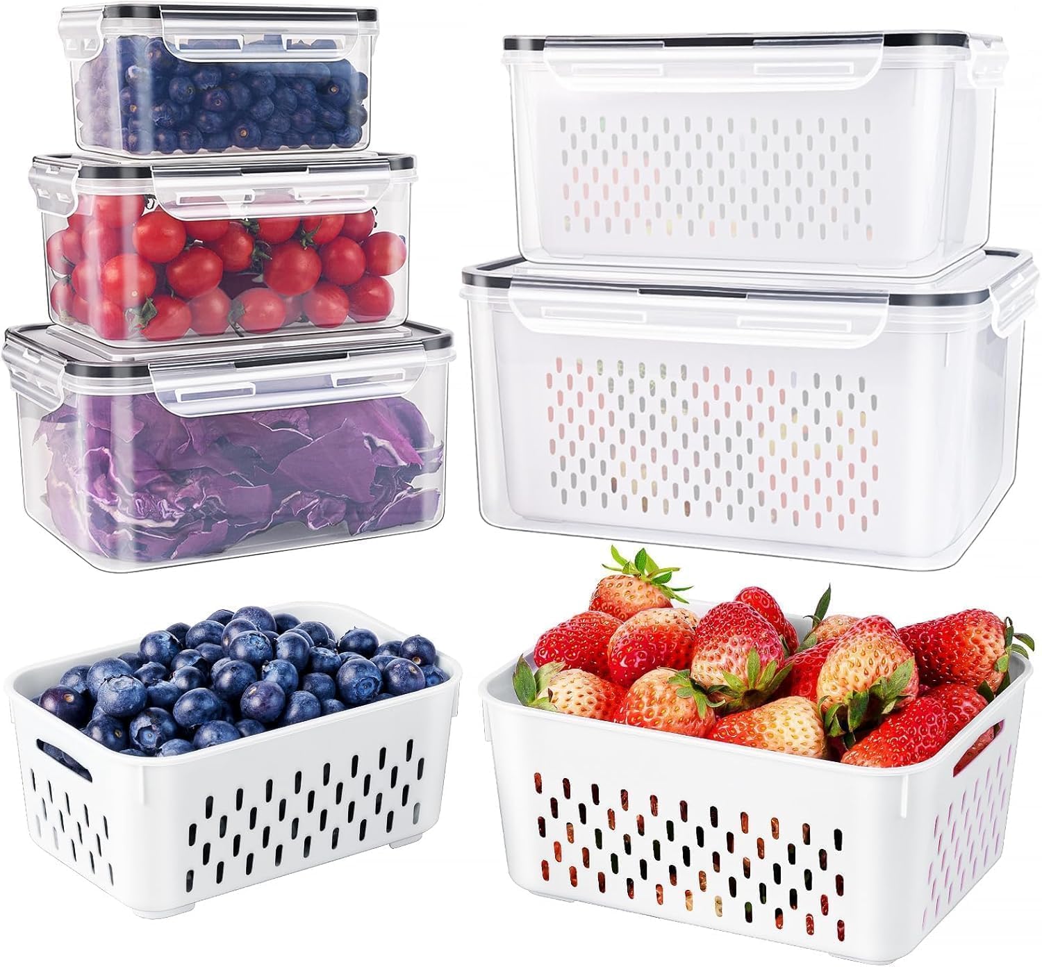 5 PCS Large Fruit Containers for Fridge – Leakproof Food Storage Containers with Removable Colander – Dishwasher & microwave safe Produce Containers Keep Fruits, Vegetables, Berry, Meat Fresh longer