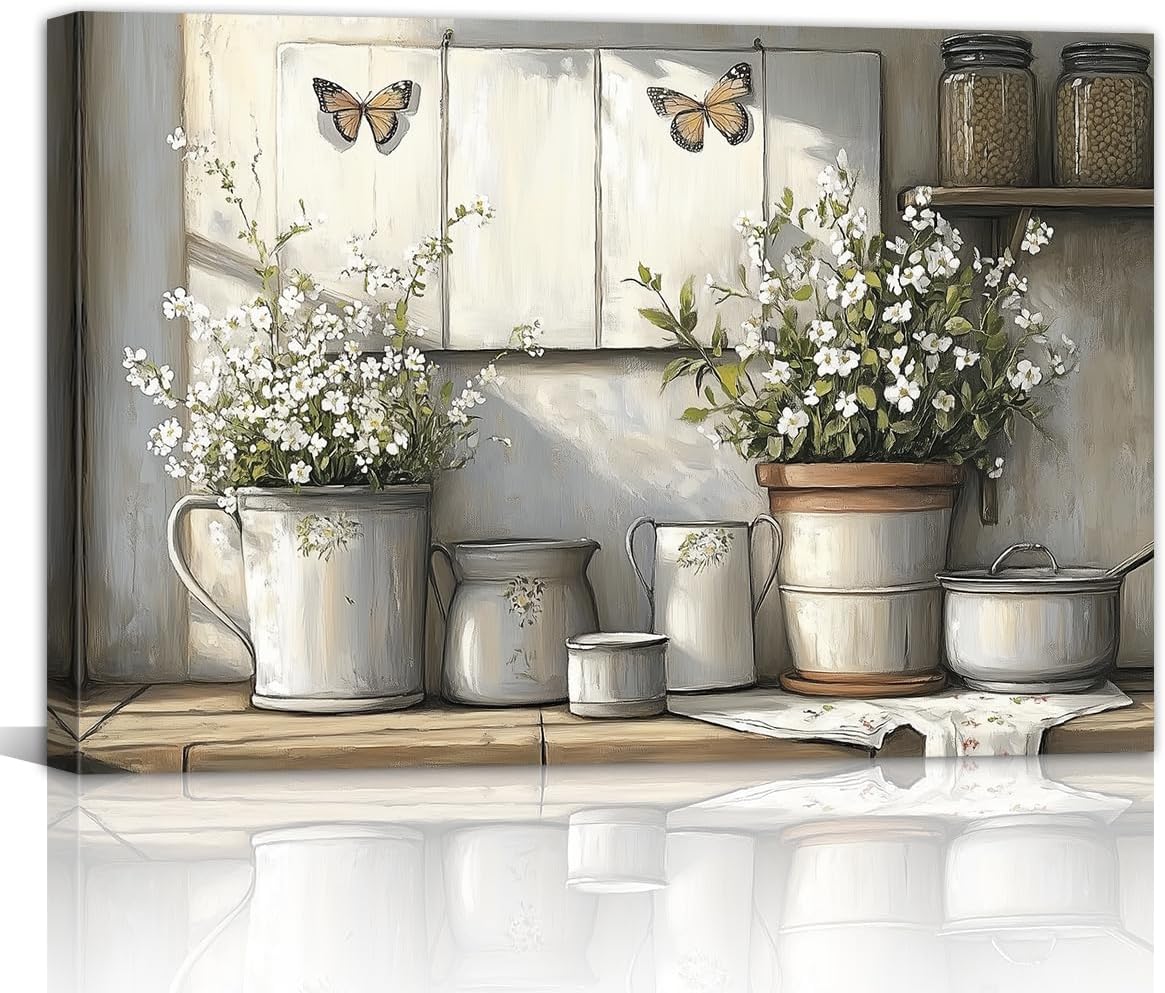 Rustic Kitchen Canvas Wall Art Vintage Farmhouse Pictures Wall Decor Country Painting Prints Farm Poster for Living Room Dining Room Restaurant Decor Framed(Kitchen-6,12L x 18W)