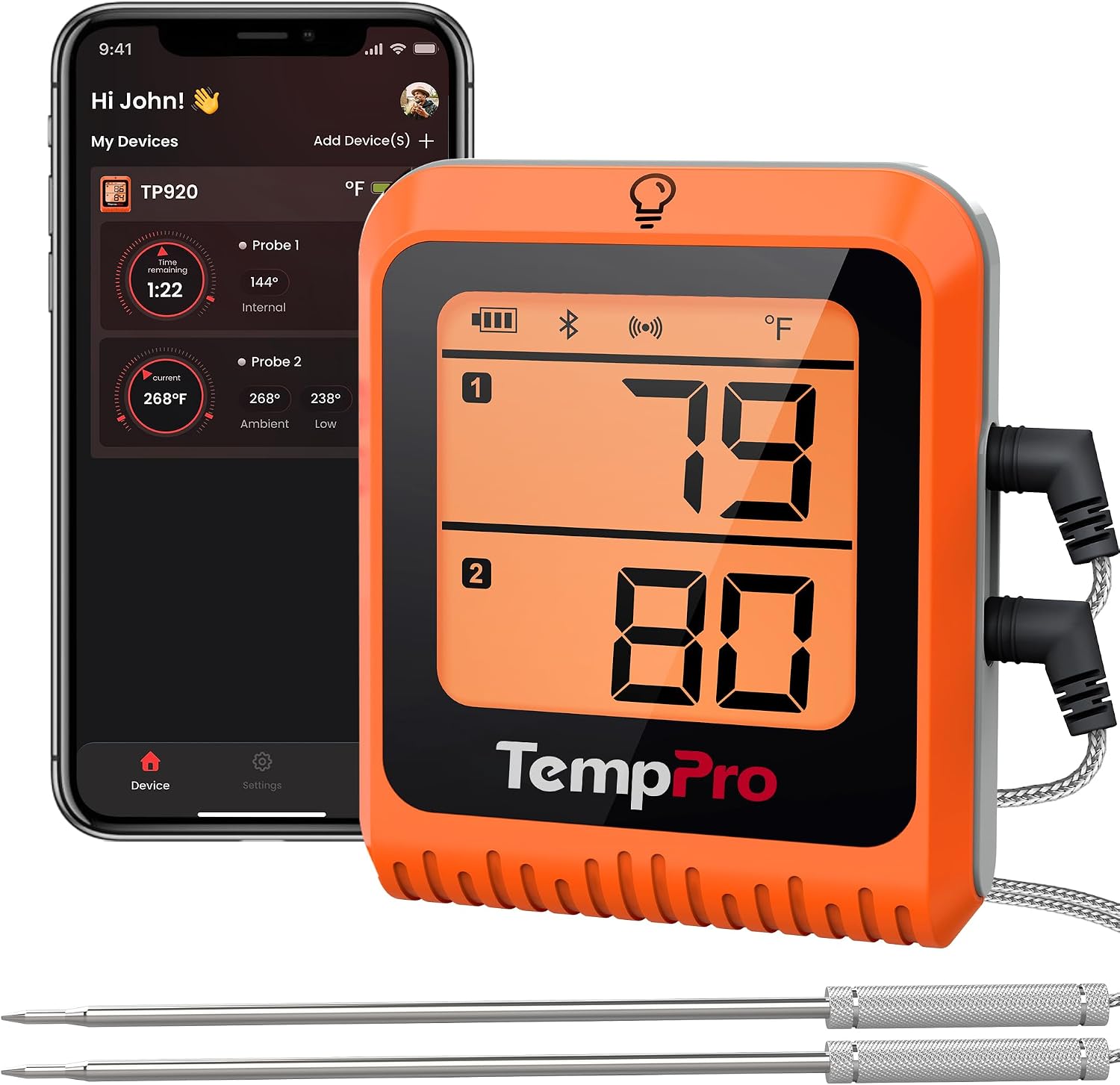 TempPro Wireless Meat Thermometer Digital for Grilling and Smoking, 2 Probes Bluetooth Meat Thermometer for Cooking Turkey Fish Beef, Rechargeable Smoker Accessories for BBQ Oven