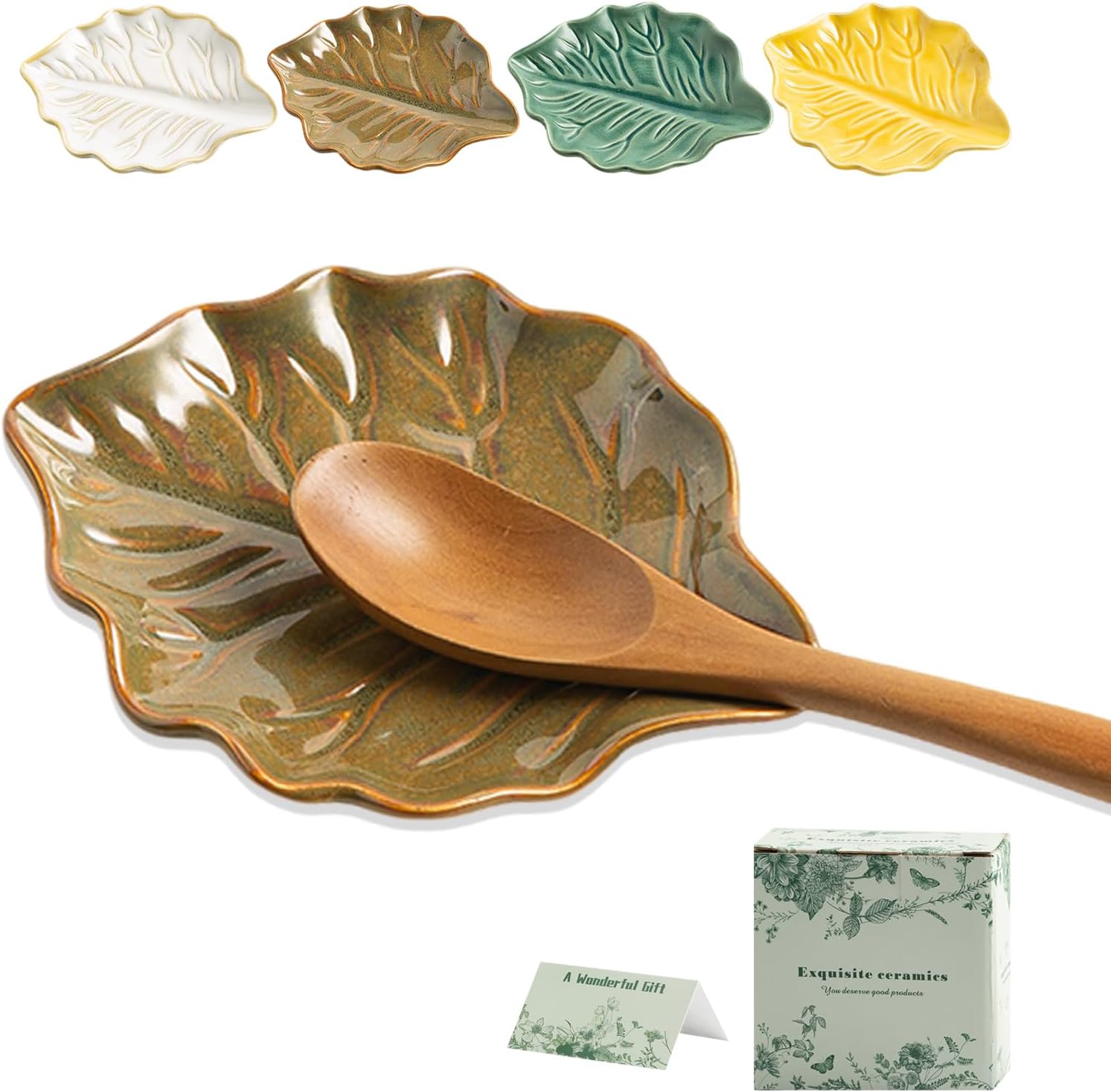 Ceramic Leaf Spoon Rest for Stove Top, Spoon Holder for Kitchen Countertop, Cute Cooking Utensil Rest for Ladle Spatula, Kitchen Decor, Housewarming Christmas Gifts for Women Cooking Lovers (brown)