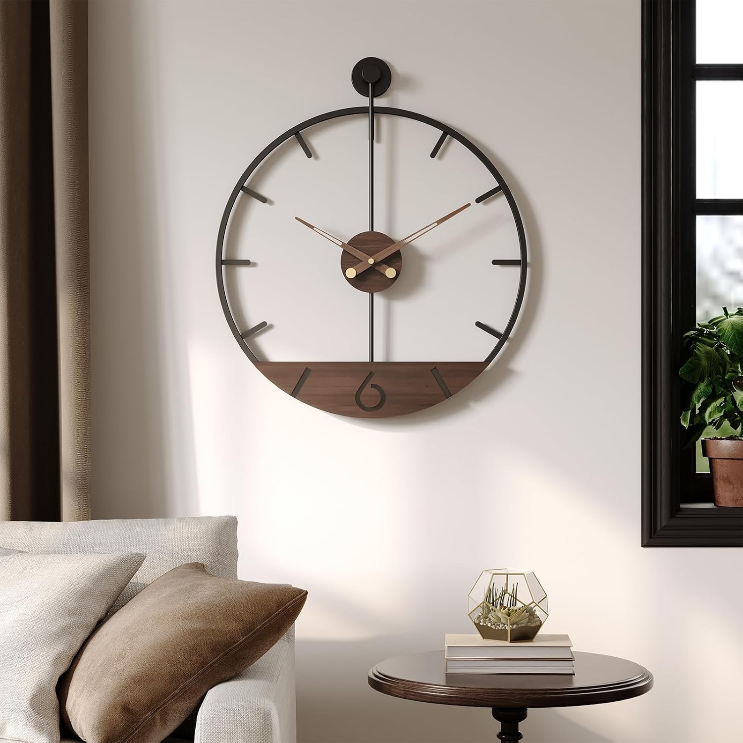 Cuspin Modern 24 Inch Wall Clock, Minimalist Wood and Metal Wall Decor Clock with Walnut Dial, Silent Non Ticking Battery Operated Clock for Living Room, Kitchen, Office, Bedroom