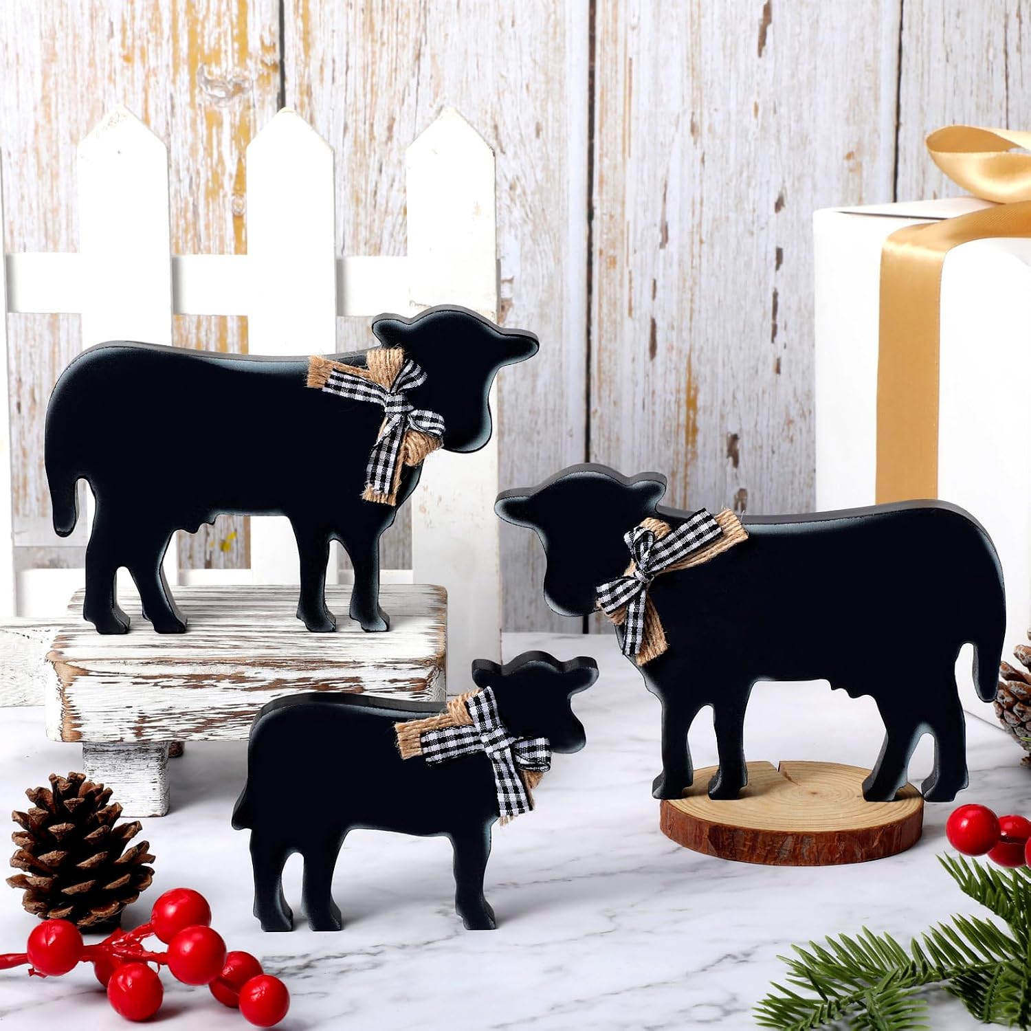 Bucherry 3 Pcs Wooden Cow Tiered Tray Decor, Farmhouse Cow Figurines Rustic Country Western Tabletop Centerpiece, Farm Animal Decorations for Kitchen Desk Shelf Home Decor(Popular Style)