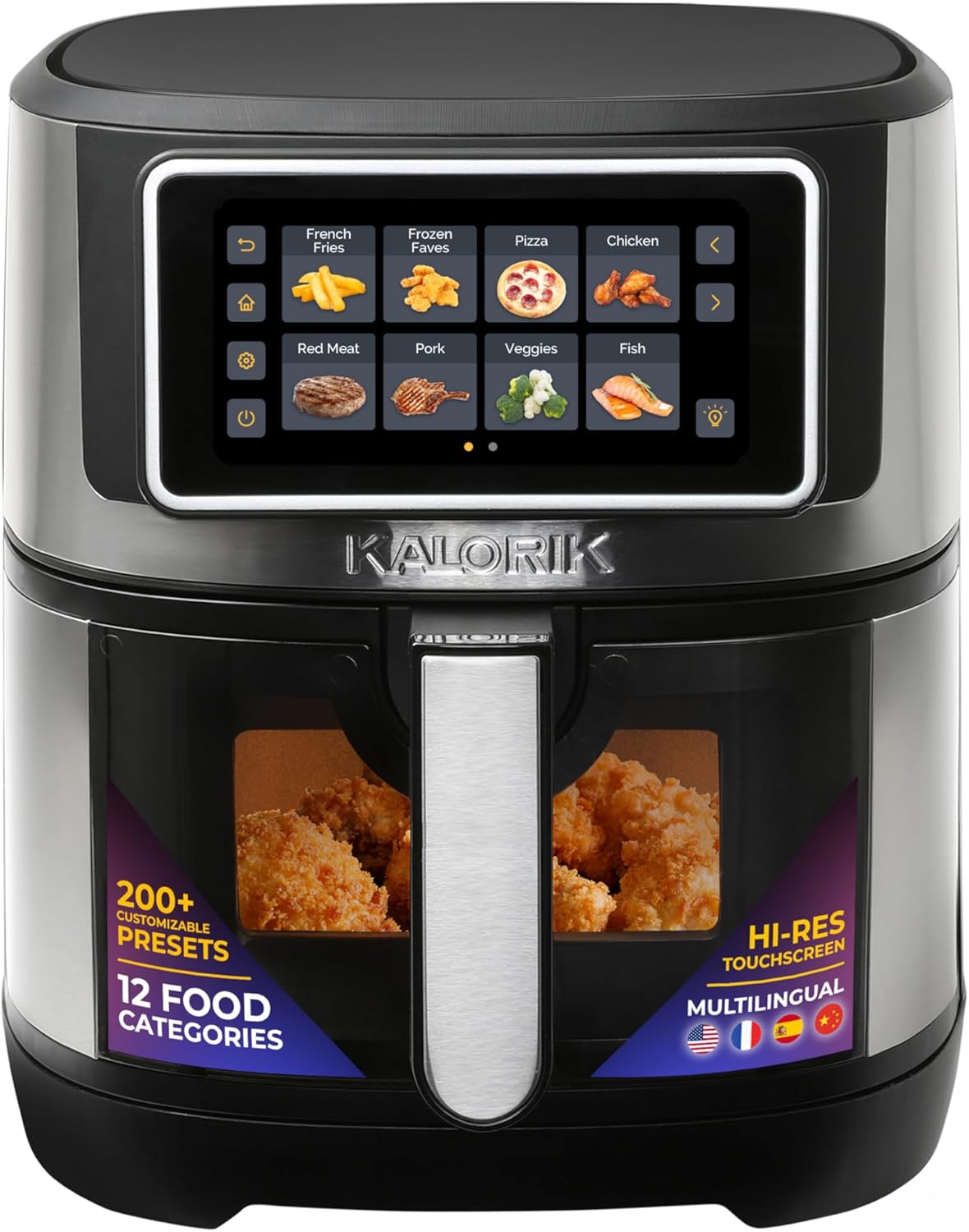 Kalorik Air Fryer VIVID TOUCH Series 7 Quart Capacity with High-Resolution Touchscreen 200 Cooking Presets in 12 Food Categories with View Window, 1500-Watts, Stainless Steel
