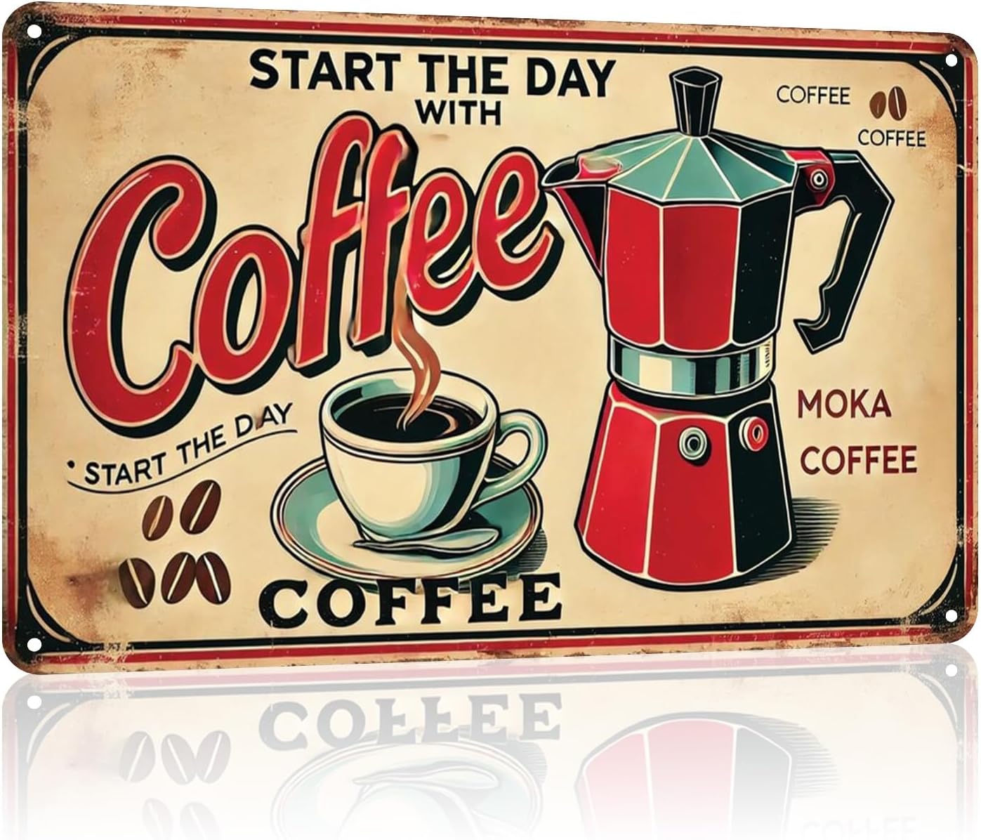 Vintage Coffee Bar Sign – 8 x 12 Inch Retro Cafe Metal Sign, “START THE DAY WITH COFFEE” Wall Decor for Kitchen, Office, Home Cafe,Farmhouse & Coffee Lover Gifts