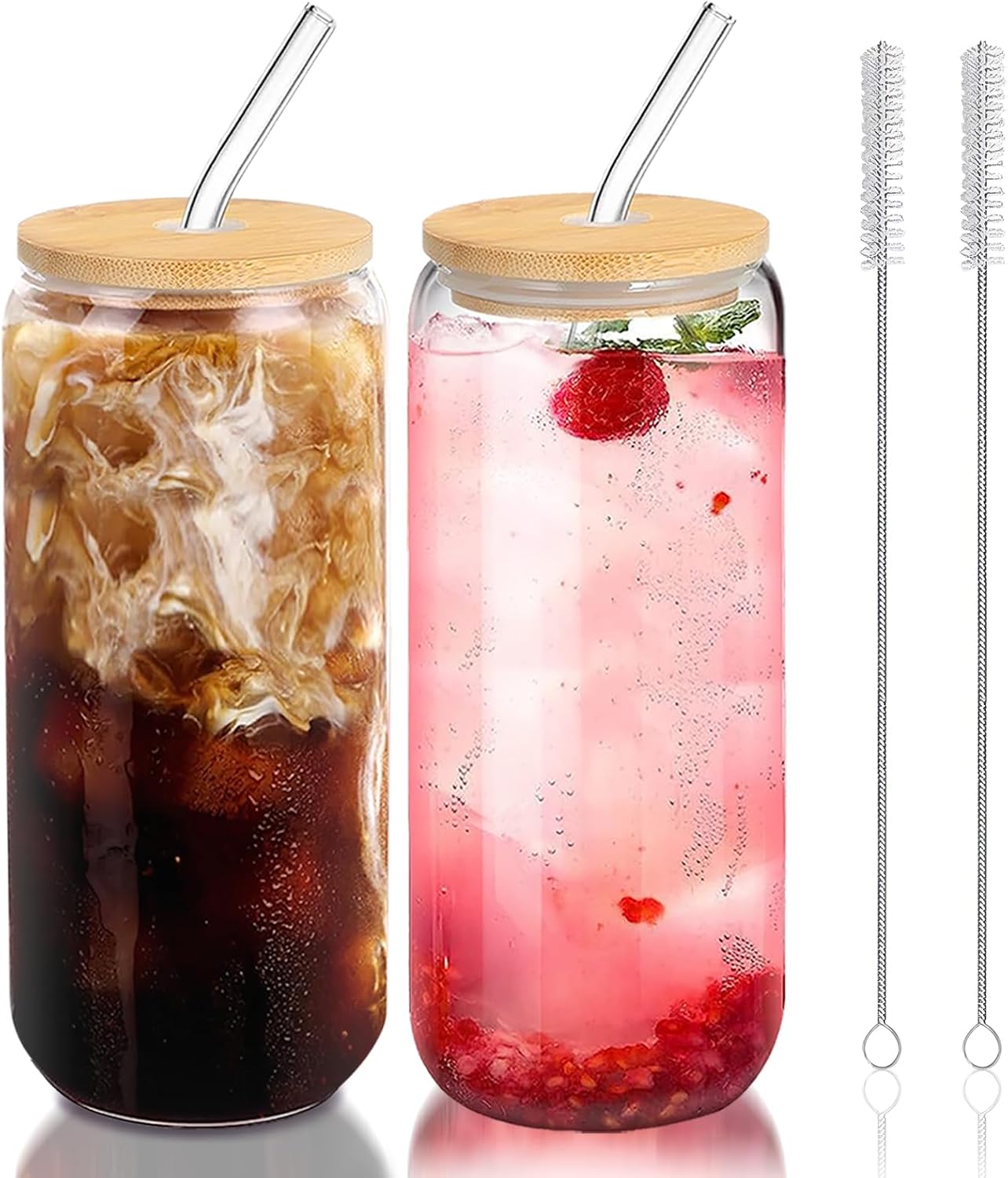 Glass Cups with Lids and Straws Set of 2 – Iced Coffee Cups with Lids for Cold Brew and Beer, 20 oz Can Shaped Glass with Bamboo Lids and Straws – Aesthetic Coffee Bar Gift for Coffee Lovers