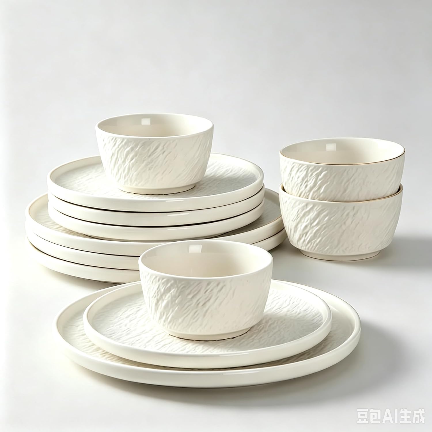 4-piece set, ceramic, embossed stone design plate and bowl set, microwave and dishwasher compatible tableware set, shatterproof and scratch resistant dinner set, irregular edge design, white