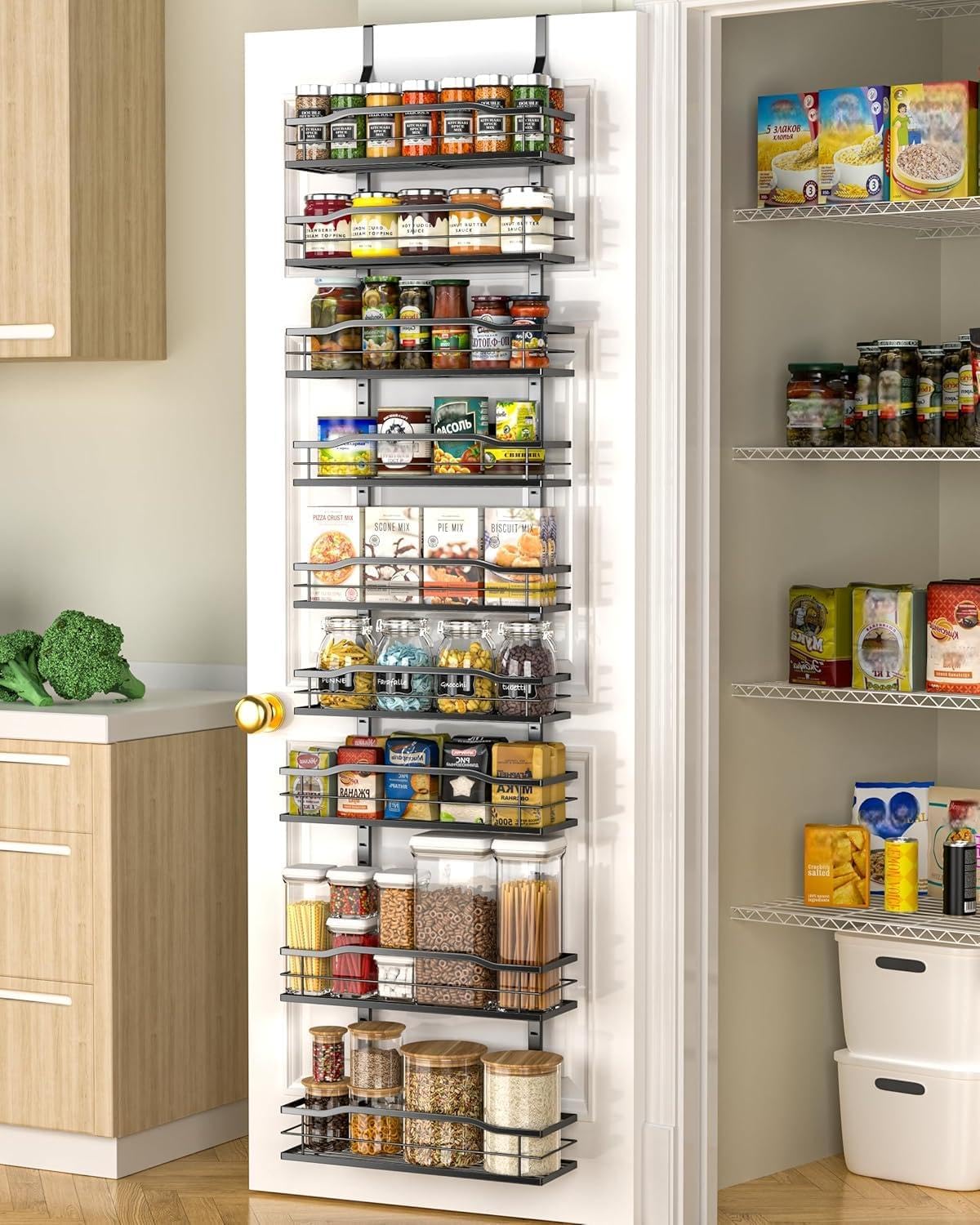 Moforoco 12.2″(W) Narrow 9-Tier Over The Door Pantry Organizer, Pantry Organization and Storage, Black Hanging Basket Wall Spice Rack Seasoning Shelves, Home & Kitchen