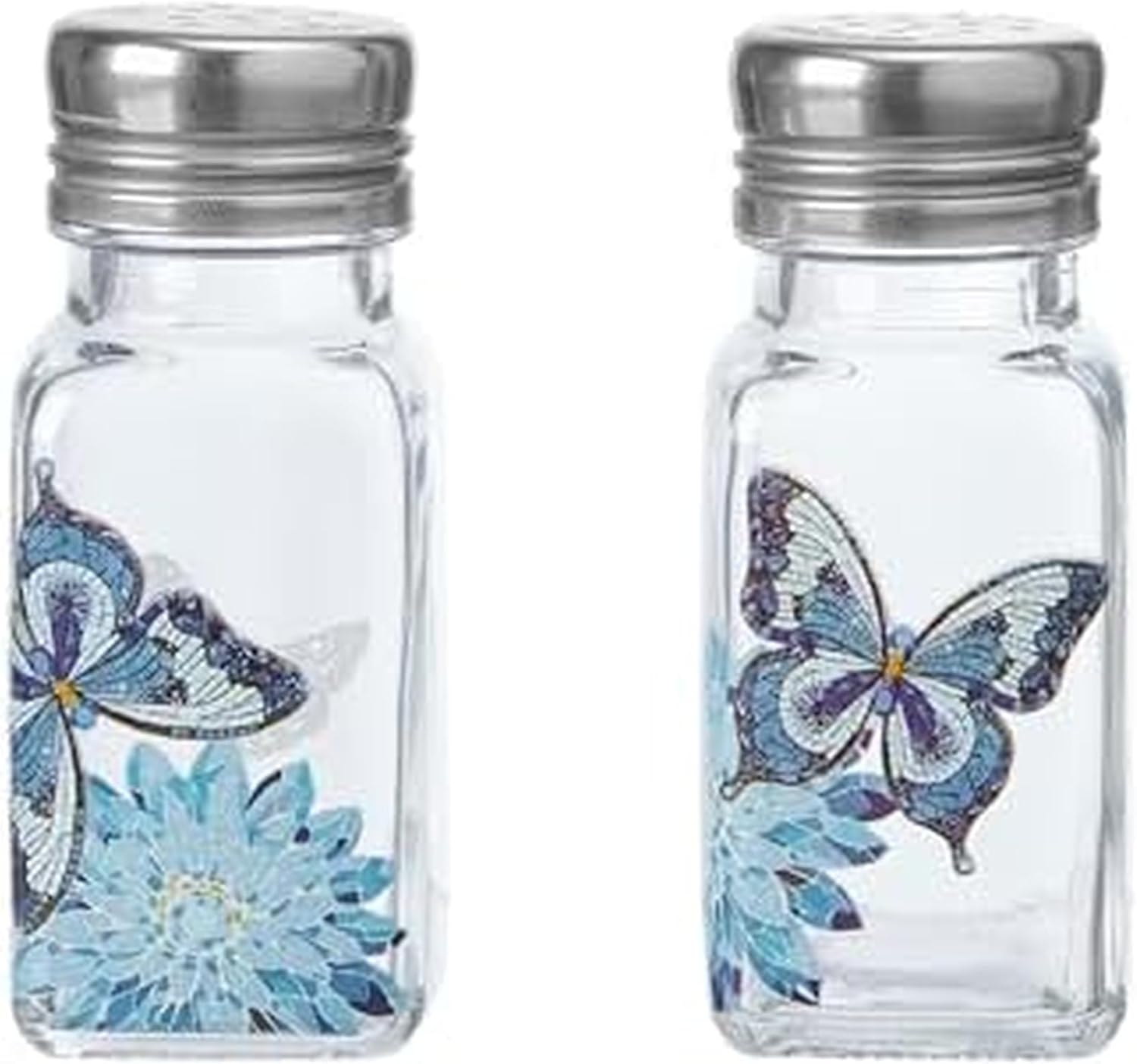 Dolly Parton Glass Salt and Pepper Shakers with Mosaic Flowers and Butterfly Design, Easy to Fill, Set of 2, 3 Ounce
