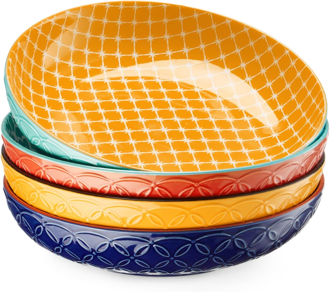 DOWAN 8.5″ Vibrant Pasta, Salad & Soup Serving Bowls Set of 4, Embossed Large Porcelain Ceramic, Microwave, Oven & Dishwasher Safe, Bonita Design Perfect for Daily Dining, Family Gatherings, Party
