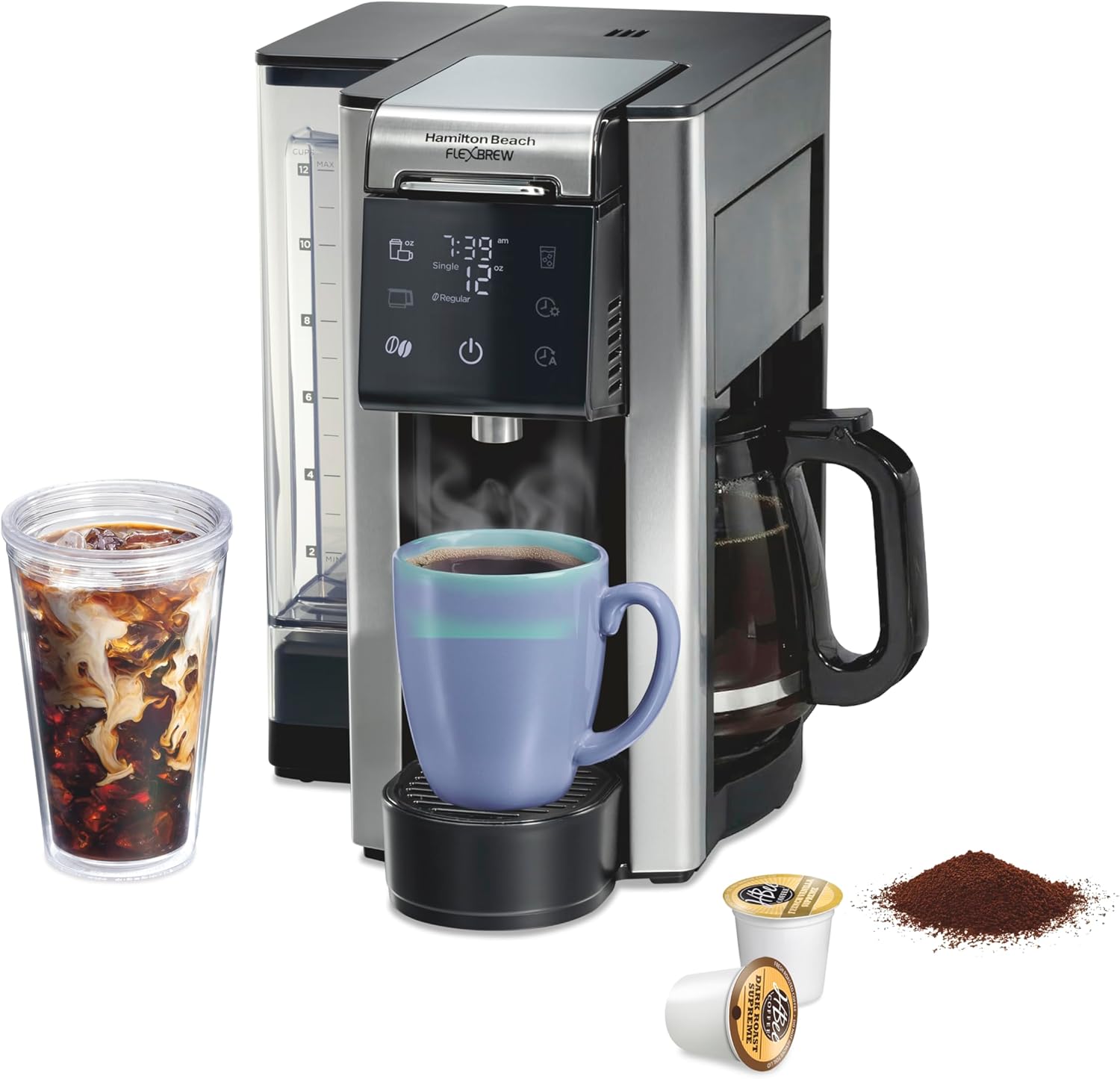 Hamilton Beach Flexbrew Advanced 5-in-1 Programmable 12 Cup Drip and Single Serve Hot & Iced Coffee Maker with Movable 60 oz Reservoir, Pod Packs and Grounds, Fast Brewing, Black