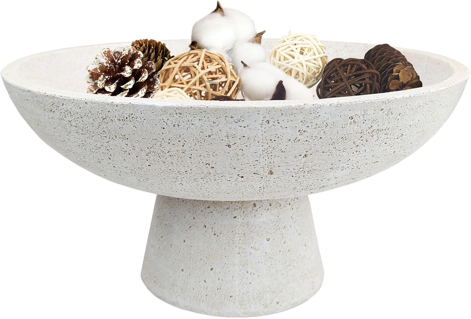 Large Decorative Fruit Bowl – Modern Handcrafted Resin Pedestal Bowl for Kitchen Counter, Entryway Key Holder & Table Centerpiece, Off-White Travertine Stone Bowl