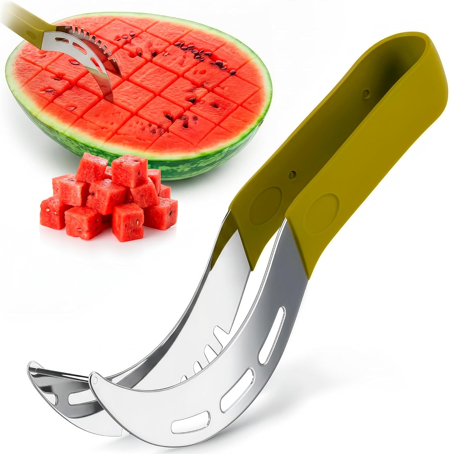 2-in-1 Watermelon Cutter Slicer Tool – Create Clean 1″ Cubes & Slices with Watermelon Slicer for Cutting & Serving – Stainless Steel Fruit Cutter Kitchen Gadget for BBQ, Picnic, Camping & Snack Prep