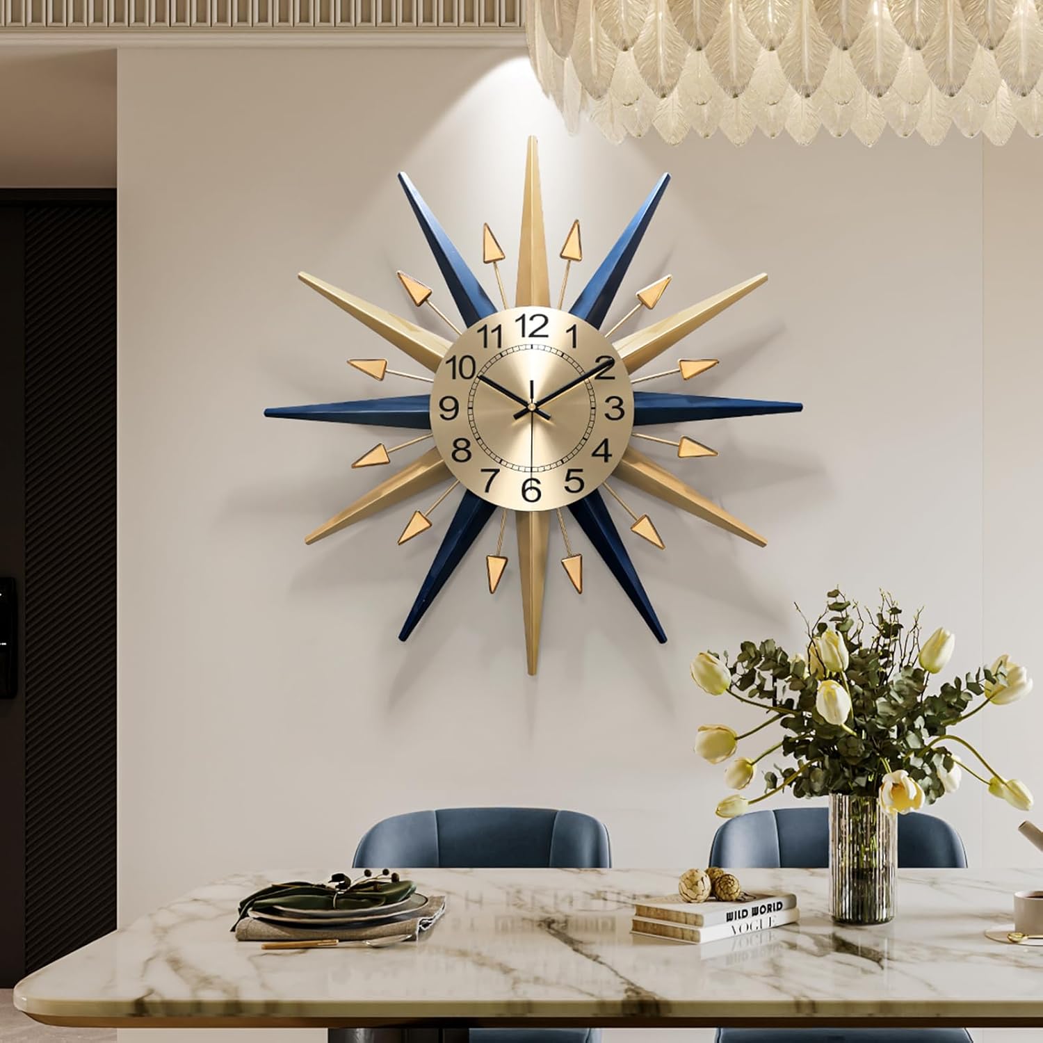 Starburst Large Wall Clock,Mid Century Decorative Wall Clock Modern Silent Clock Battery Operated for Living Room/Kitchen/Entryway/Bedroom/Office/Dinning Room Metal Wall Decor