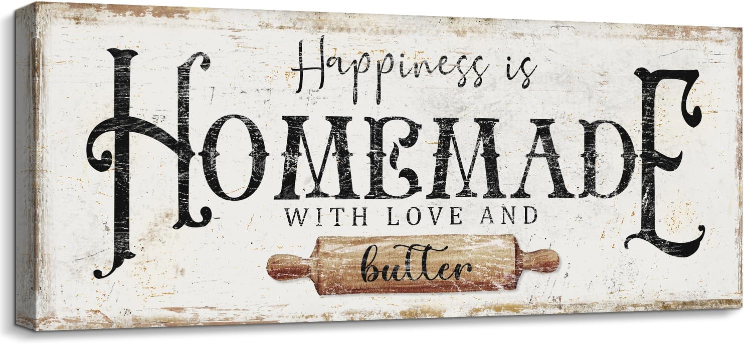 Happiness is Homemade with Love and Butter Sign Funny Kitchen Sign Decor for Counter Pantry Rustic Farmhouse Style Wall Décor Shabby Chic Family Wall Plaque Decoration Housewarming Gift, 6 x 17 Inch