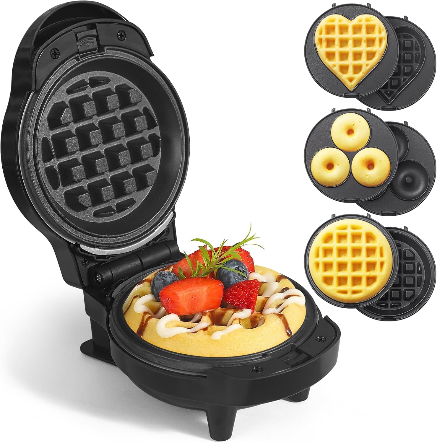 UVFAST Mini Waffles Maker with 6 Removable Plates, 3 in 1 Small Waffle Maker Mini- Waffle, Heart Waffle, Donut, 4.5″ Non Stick Waffle Iron for Families, Black
