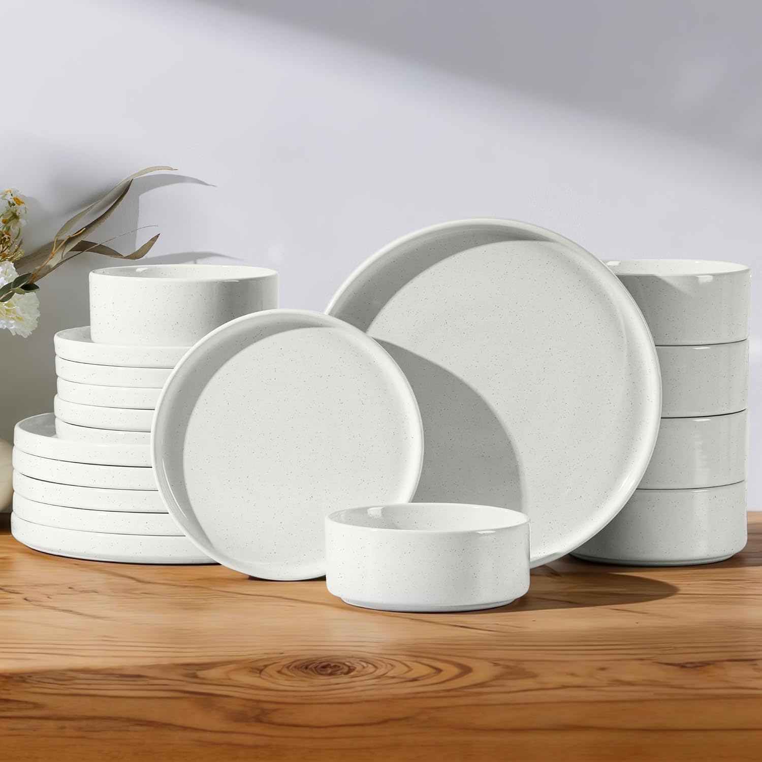 E-far Dinnerware Sets for 6, 18-Piece Stoneware Plates and Bowls Set, Modern Kitchen Dinning Dishware, Chip and Scratch Resistant, Microwave & Dishwasher Safe, Speckled White