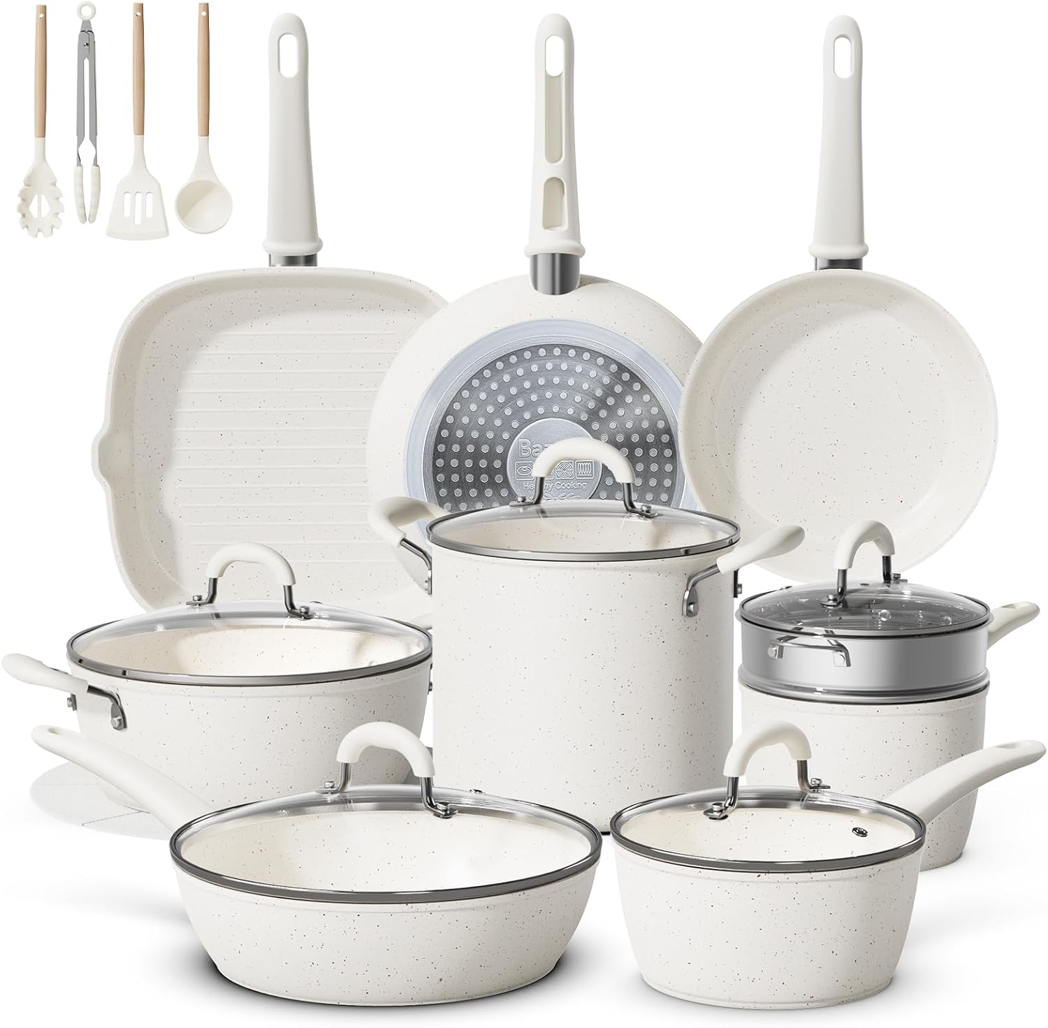 24Pcs Pots and Pans Set Non Stick,Ceramic Cookware Set with 8Qt Stockpot,Titanium-Reinforced Long-Lasting Nonstick,PFAS-Free,Induction Compatible,Complete Kitchen Set for Batch Cooking & Family Meals
