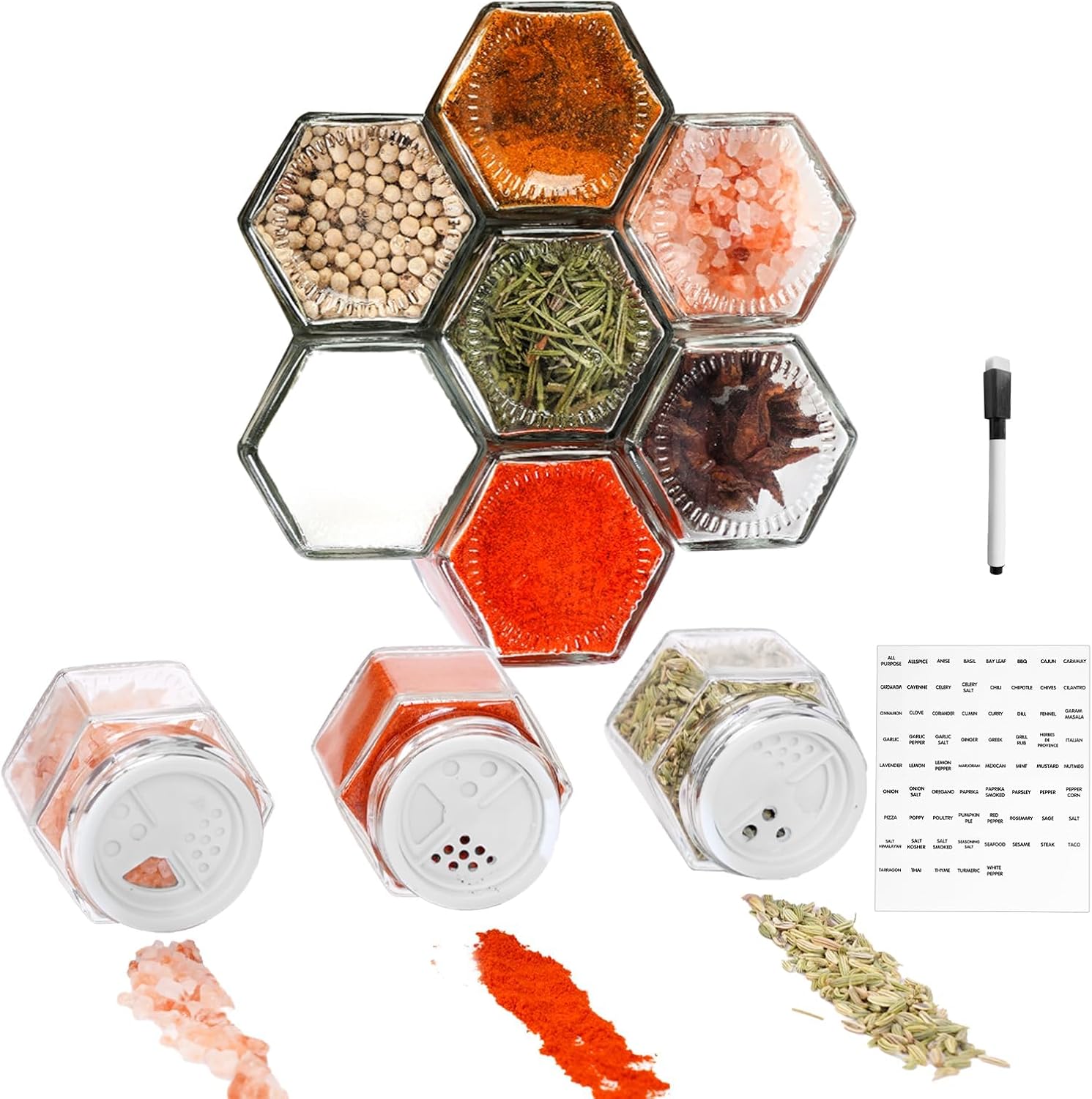 Set of 10 Magnetic Spice Jars for Refrigerator, Glass Small Hexagon Magnet Seasoning Containers with Labels, Shaker Lids, Fridge Magnetic Spice Rack Organizer with Jars