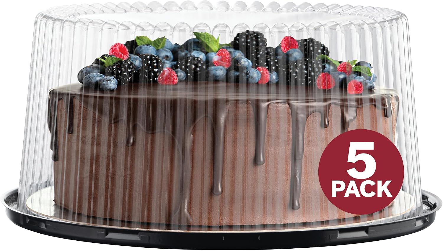 10 – 11″ Plastic Disposable Cake Containers Carriers with Dome Lids and Cake Boards | 5 Round Cake Carriers for Transport | Clear Bundt Cake Boxes / Cover | 2-3 Layer Cake Holder Display Containers
