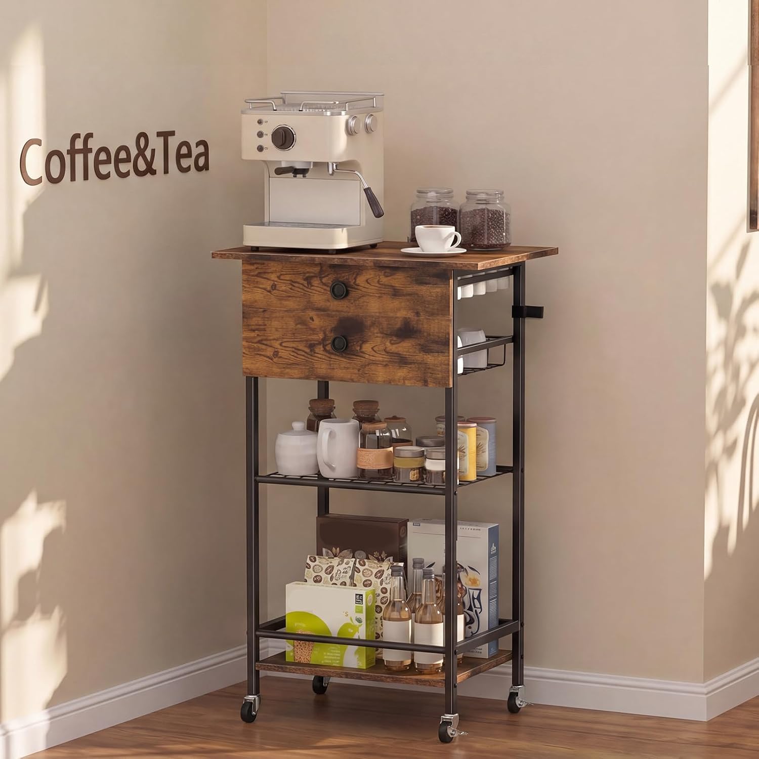 Rolling Coffee Cart,5-Tier Coffee Bar Cart with Pod Drawer Holder & Wire Storage Basket,33.6″ H Small Coffee Station Cabinet with Storage,for Living Room,Dining Room,Home Office,Brown