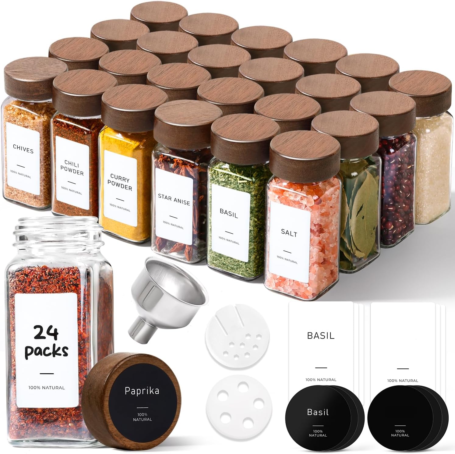 ComSaf 24Pcs (4Oz) Glass Spice Jars with Label, Airtight Seasoning Containers with Lid for Home Cooks to Organizing Herbs, Sugar, Pepper, Salt, Glass Spice Bottles Organize Cabinet & Drawer