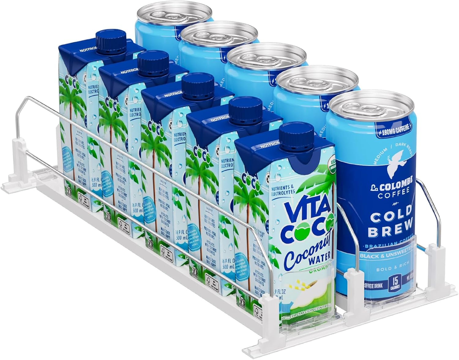 Puricon Drink Organizer for Fridge, Soda Can Organizer -2 Rows, White | Self-Pushing Spring-Loaded Drink Dispenser for Refrigerator, Holds Soda, Beer & Water Bottles Neatly in Rows