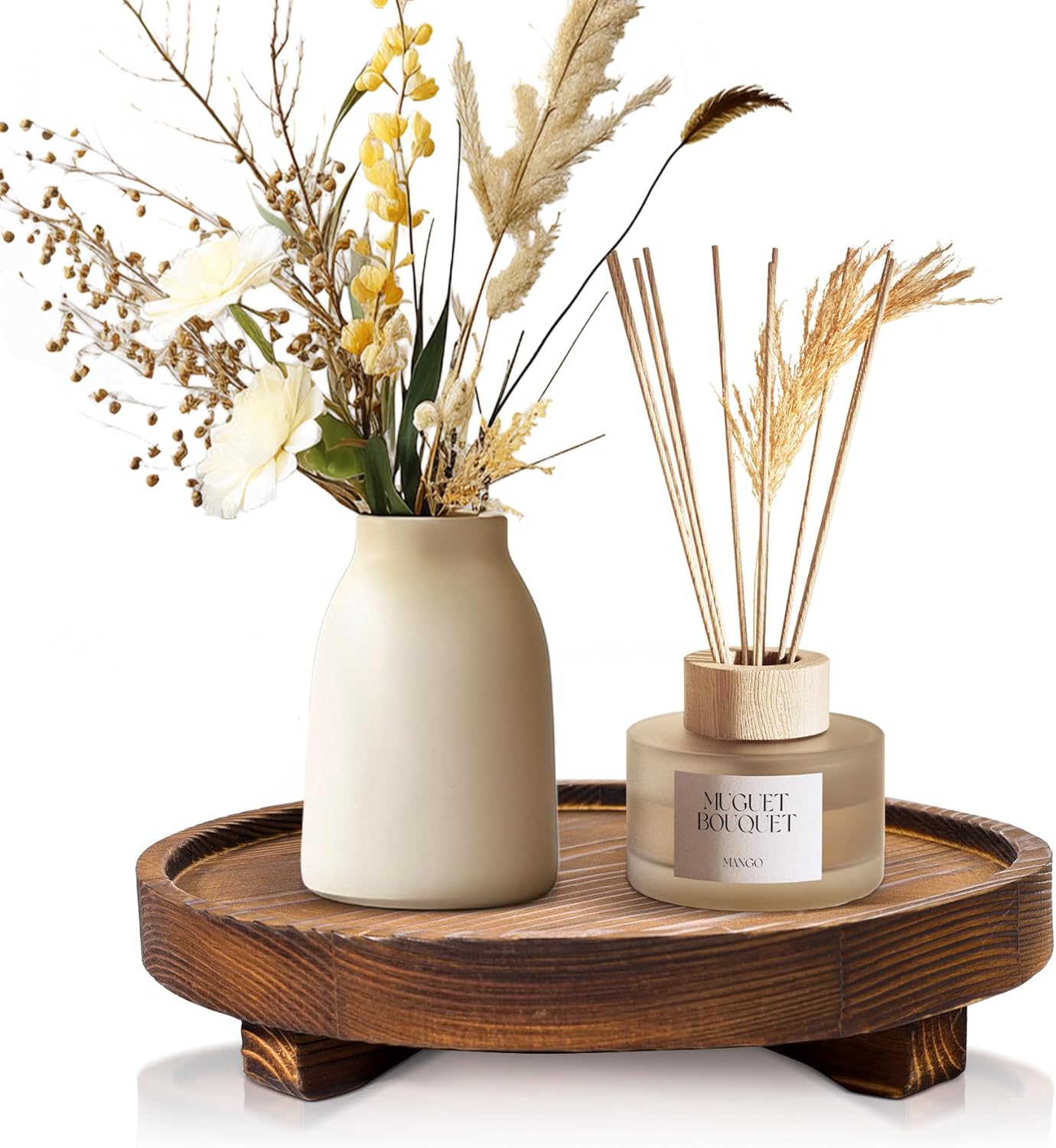 DEBETOOL Round Wooden Decorative Tray – Rustic Wood Soap Tray for Kitchen and Bathroom Counter Organizer, Farmhouse Kitchen Decor Wooden Riser for Soap Dish, Perfume, Candle, Potted