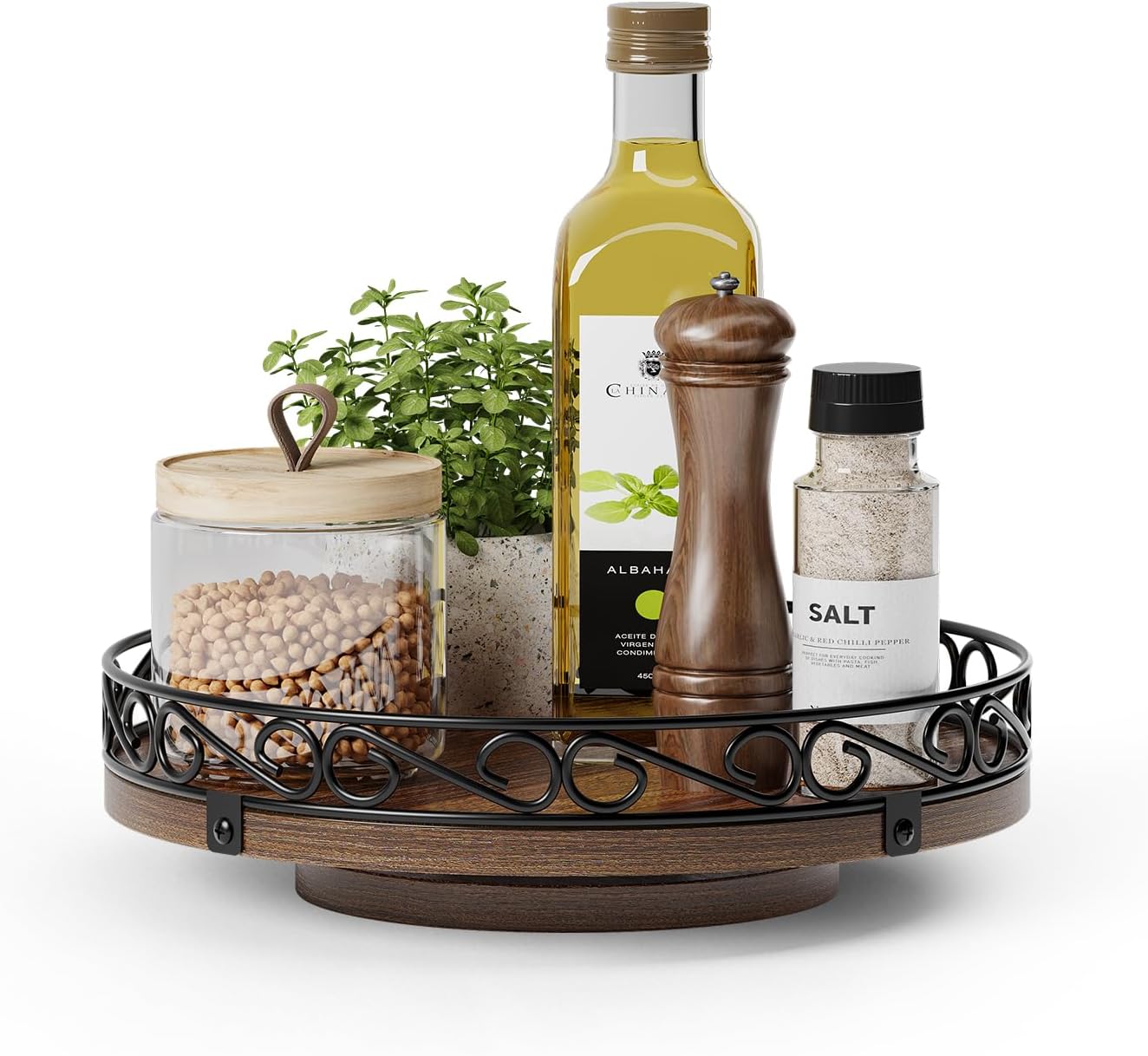 9″ Lazy Susan Turntable Organizer for Table Top, Round Wooden Lazy Susan for Cabinet, Farmhouse Decorative Tray for Coffee Table, Kitchen Organizer Countertop, Center Piece Decor, Rustic Brown