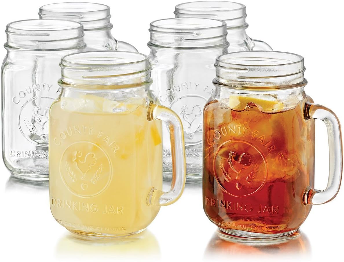 Libbey 6-Piece Country Folk Collection County Fair Glass Drinking Jar with Handle Set, 16.5-Ounce