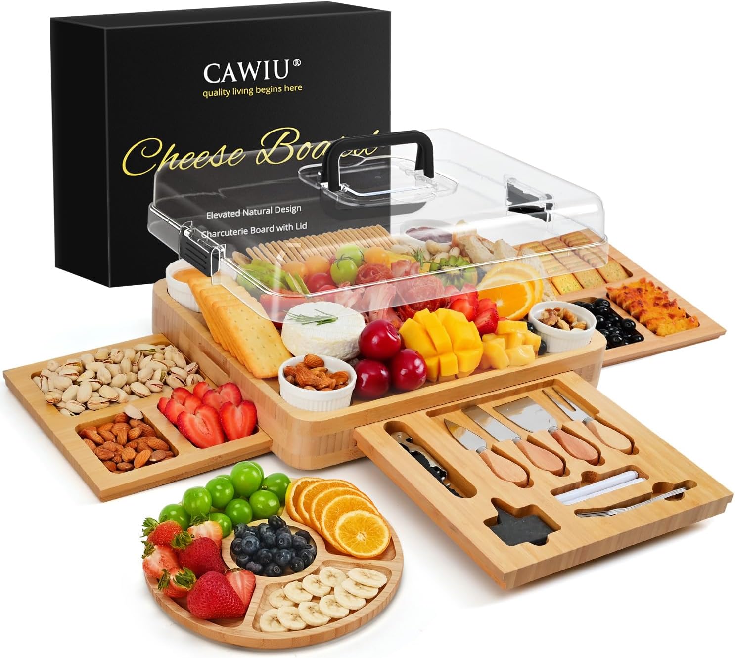 CAWIU Charcuterie Board with Lid – Large Bamboo Cheese Board Set with Utensils & Drawers – Housewarming, Wedding Gifts for Couples, Serving Tray with Cover (Black)