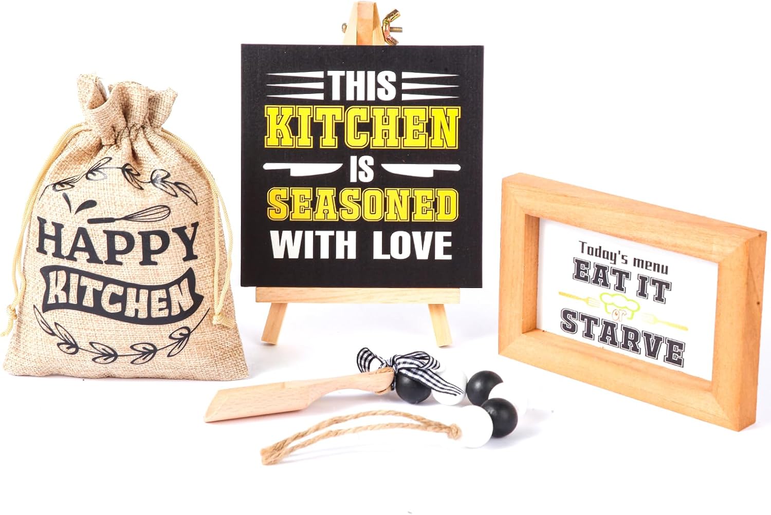 Rustic Farmhouse Kitchen Decor Set – 5-Piece Wooden Signs with Funny & Inspirational Quotes, Free-Standing Shelf & Tabletop Decor for Counter, Dining Room, Cafe – Housewarming Gift for Chef, Home