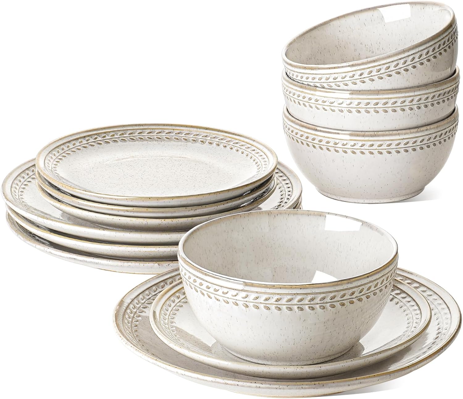 LE TAUCI Plates and Bowls Sets for 4, 12 Piece Ceramic Dinnerware Sets, Kitchen Stoneware Dish Set, Chip Resistant, Microwave & Dishwasher Safe, Reactive Glaze Beige (8″&10″ Plate, 27oz Bowl)