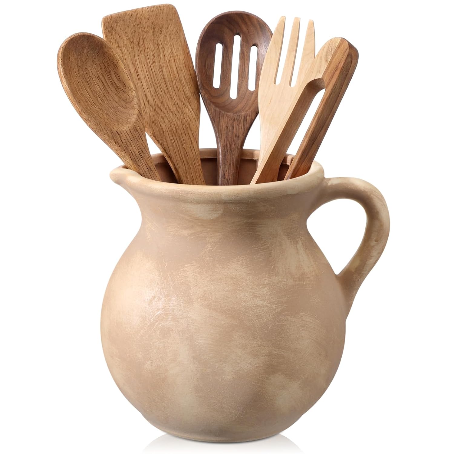 Potchen Rustic Kitchen Utensil Holder with Handle,7.48″ H Ceramic Vintage Utensil Crock for Countertop, Farmhouse Kitchen Decoration Ceramic Pot for Spatulas Spoons Tongs(Classic,Antique Beige)
