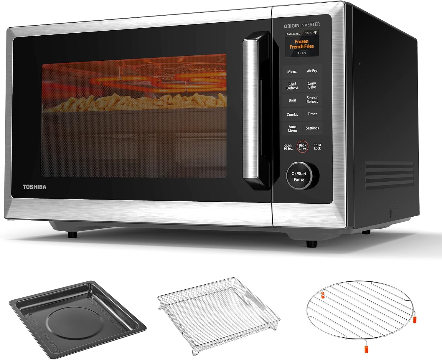 TOSHIBA OptiChef PRO MAX Air Fryer Combo Microwave Oven with 2.4-Inch Color Screen, Origin Inverter Technology, Smart Sensor, Compatible with Alexa, 1100W, 1.3 Cu.Ft, Silver ML2-STC13SAIT(SS)