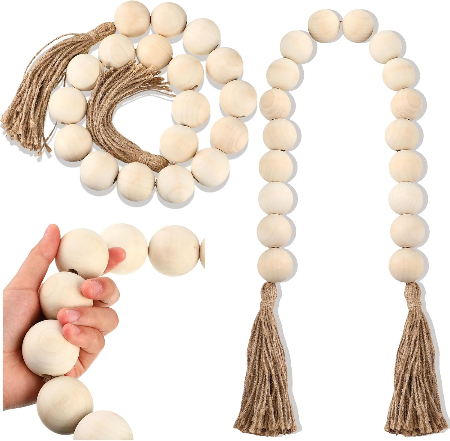 2 Pcs Large Wood Bead Garland with 1.57″ Diameter Wood Beads and Tassel, Decorative Beads Boho Home Decor 40” Long Oversized Wooden Beads Garland Table Decoration for Tiered Tray Wall (White)