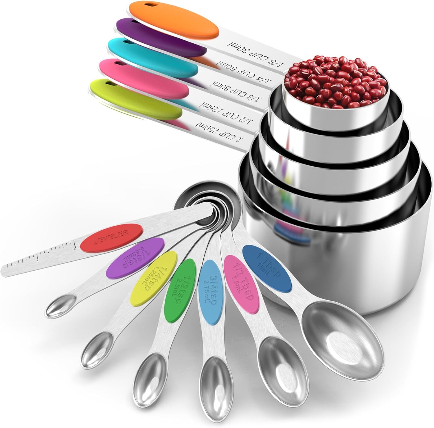 TILUCK measuring cups and magnetic measuring spoons set, stainless steel measuring cups, 6 double-sided stainless steel measuring spoons & 1 leveler (12)