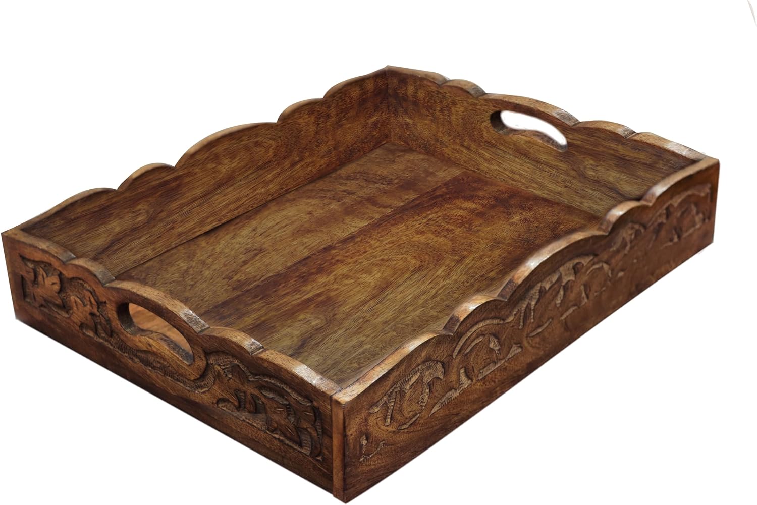 Hand Carved Wooden Serving Tray – Decorative Breakfast Tray with Handles – Rustic Wooden Food Tray with Intricate Detail – Unique Furnishing Accent – Natural Finish – 17 x 13 x 2.5 Inch – COTTON CRAFT