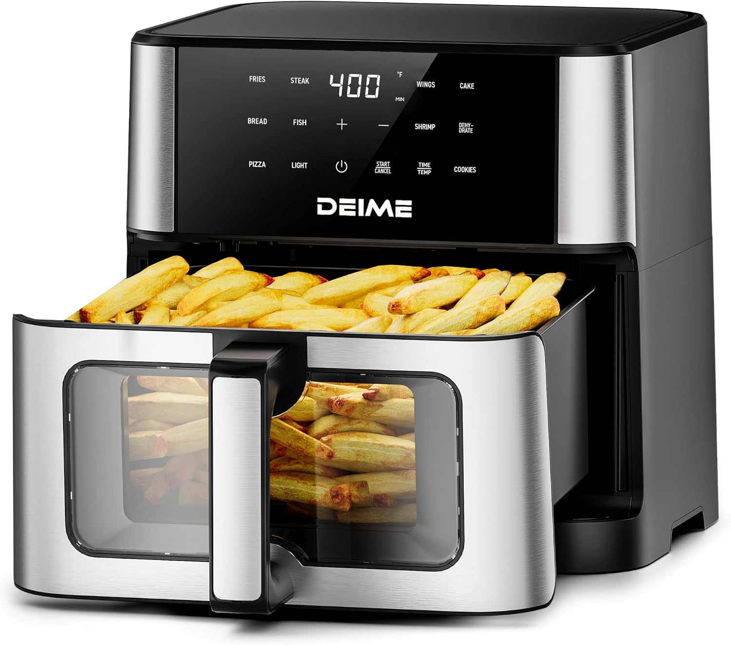 DEIME Air Fryer 10.2 QT, 1700W Large Capacity with 10 Preset, Visual Cooking Window, Non-Stick Basket, Recipe Included (Silver)