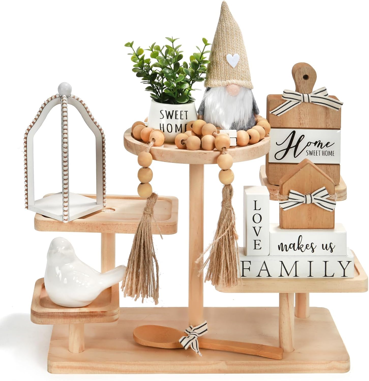 Farmhouse Tiered Tray Decor Set, 8 PCS Rustic Sweet Home Tabletop Decorations with Wooden Signs Lantern Plant Gnome Bead Garland & Bird Accent, Cozy Country Decorations for Home Table Kitchen Island