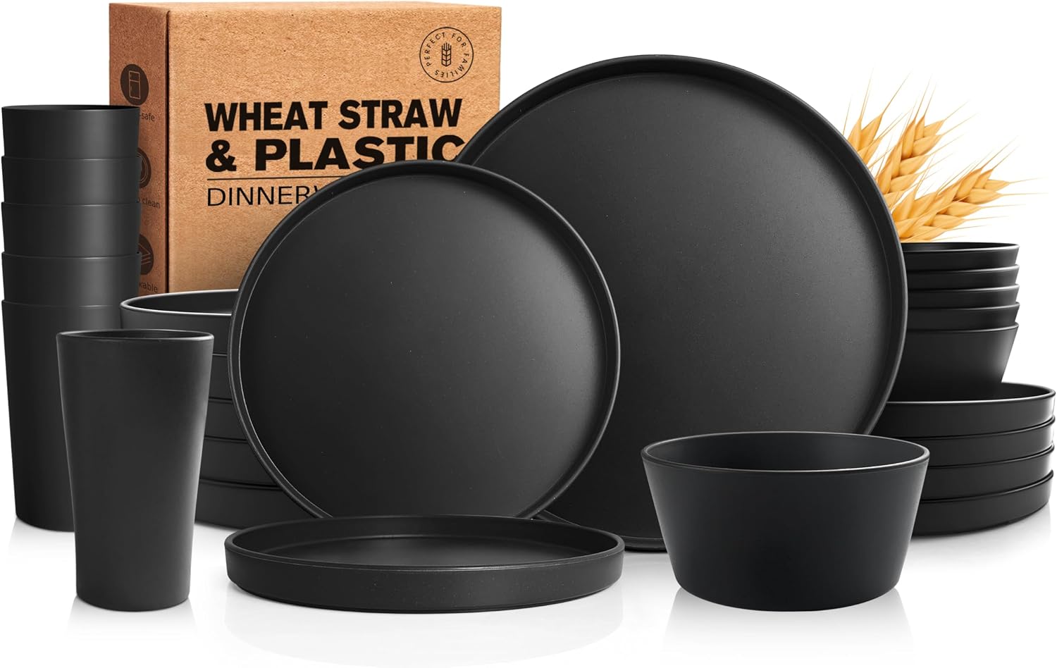 Teivio 24-Piece Kitchen Plastic Coupe Wheat Straw Dinnerware Set, Service for 6, Dinner Plates, Dessert Plate, Cereal Bowls, Cups, Unbreakable Unique Plastic Outdoor Camping RV Dishes, Black