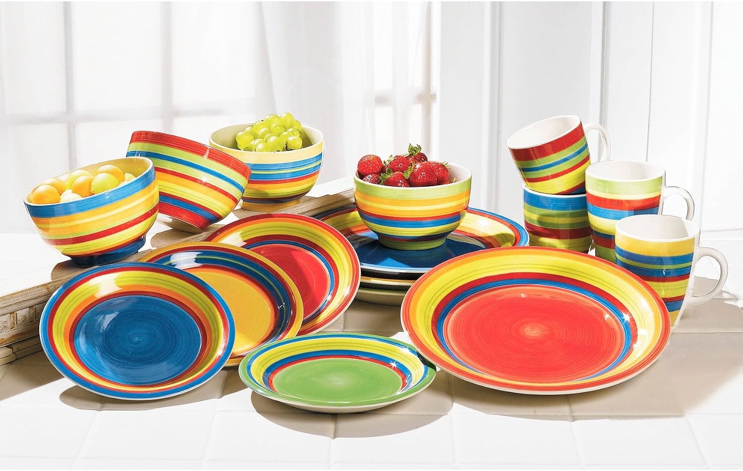BrylaneHome 16 Piece Santa Fe Dinnerware Set (Service for 4), Includes Dinner & Salad or Dessert Plates, Bowls, Mugs, Colorful Stripe Southwestern Fiesta Pattern – Multi Stripe