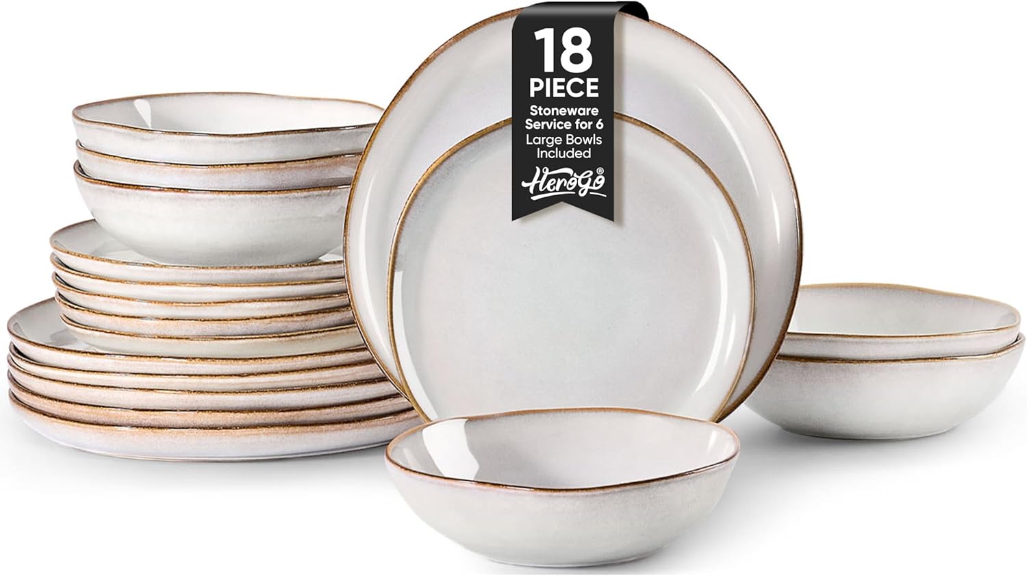 Herogo 18 Piece Stoneware Dinnerware Sets for 6, Plates and Bowls Dinner Dish Set, Irregular Handmade Dinning Ware Dishware for Home Kitchen, Microwave & Dishwasher Safe, Pearl White