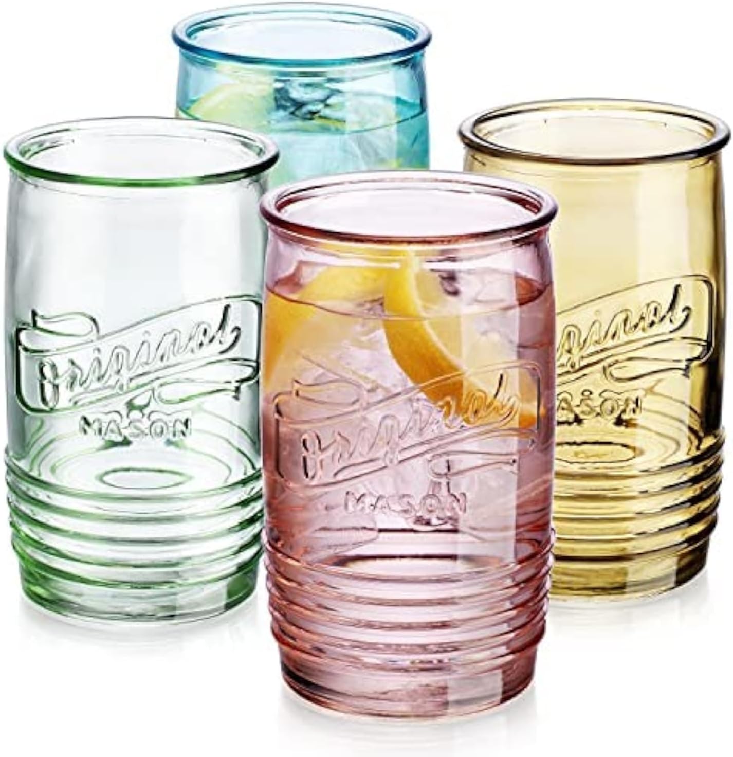 Glaver’s Set Of 4 Original Mason Collins Glasses Assorted Colored Drinking Glasses For Juice, Cocktails, Beverage Glass Cups, Hand Wash-In Cold Water (Original Mason Colored 20 OZ)