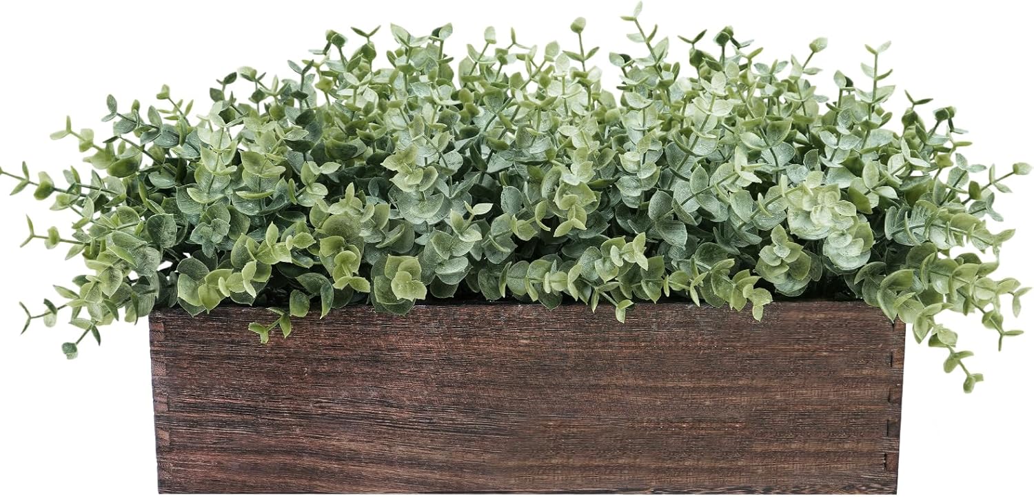 Winlyn 14″ Artificial Eucalyptus in Rectangular Wood Planter Box Faux Plants Arrangement Centerpiece Wooden Potted Eucalyptus Plant for Farmhouse Wedding Dining Table Centerpiece Greenery Mantel Décor