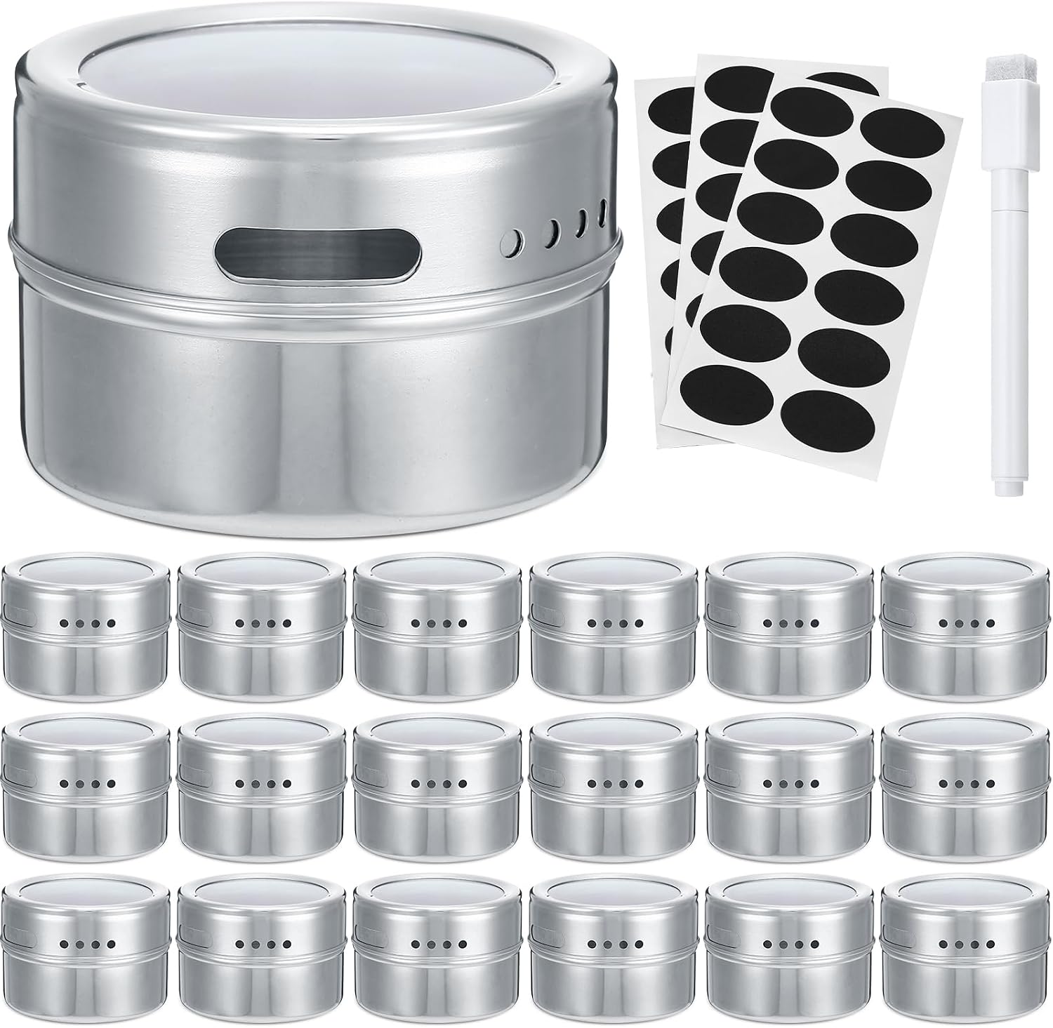CHENGU 18 Pack Magnetic Spice Jars for Refrigerator 3 oz Magnetic Spice Containers Stainless Steel Seasoning Tins with Clear Lid, with Labels Marker and Pens for Grill Kitchen Fridge Rack Travel