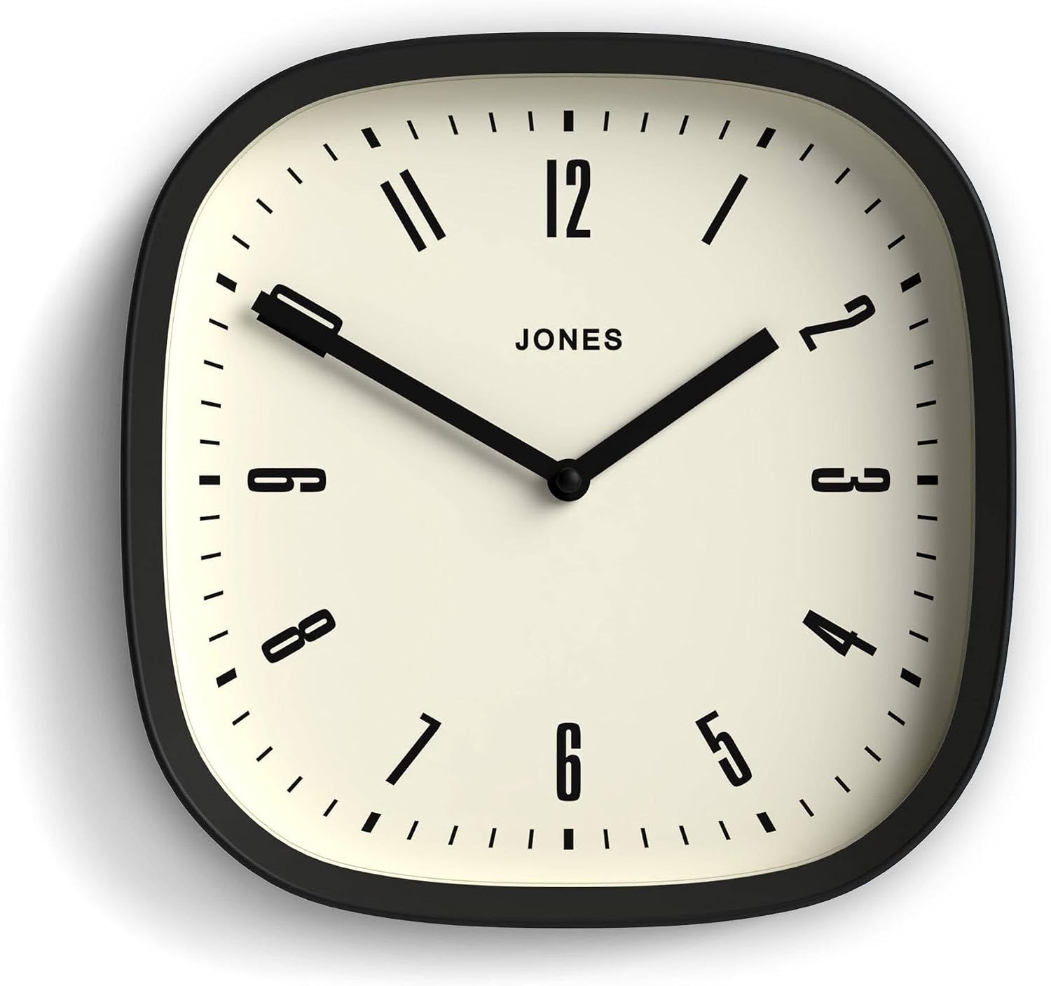 JONES CLOCKS® Marvel wall Clock | Modern Retro Rounded Square Clock | 10″ | Black | Cool Designer Look for Kitchen, Living Room or Office