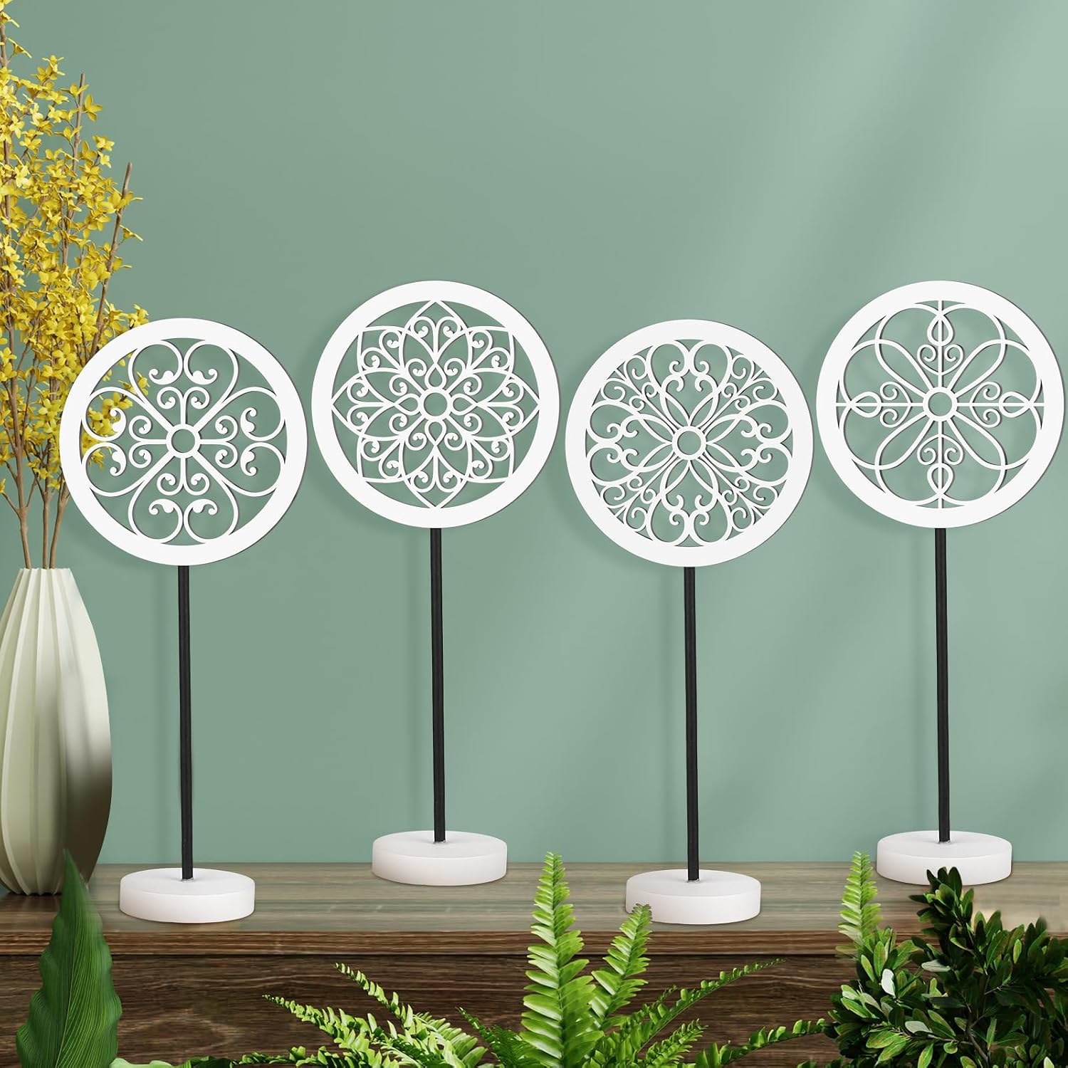 Beeveer 4 Pcs Wooden Carved Cutout Above Cabinet Decor Kitchen White Flower Medallion Sculpture Rustic Distressed Tabletop Decor Farmhouse Geometric Pattern Statue for Living Room Bedroom Desktop