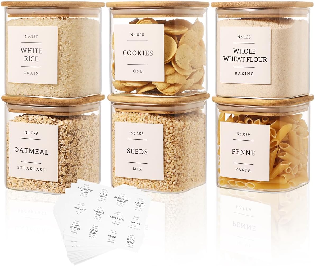 6 Pack Square Glass Pantry Storage Containers with 132 Kitchen Food Pantry Labels – 24 floz Clear Glass Pantry Jars with Airtight Wood Bamboo Lids – Glass Canisters for Sugar, Cereal, Coffee, Spice