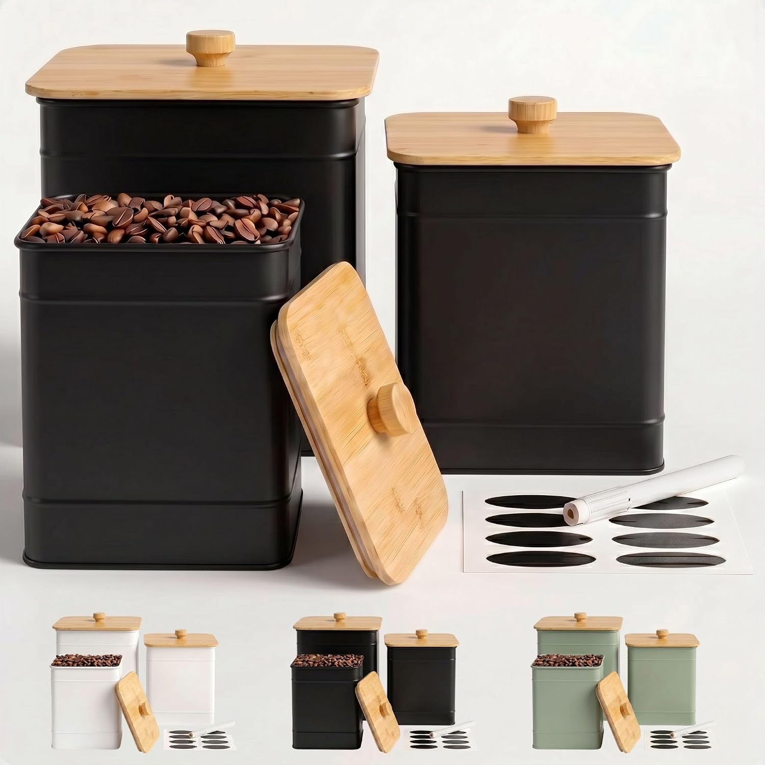 Kitchen Canisters for Countertop Set of 3 with Customizable Chalkboard Labels & Marker Pen – Big Iron Kitchen Canisters with Airtight Lids – Black Canister Set – Flour and Sugar Containers Farmhouse
