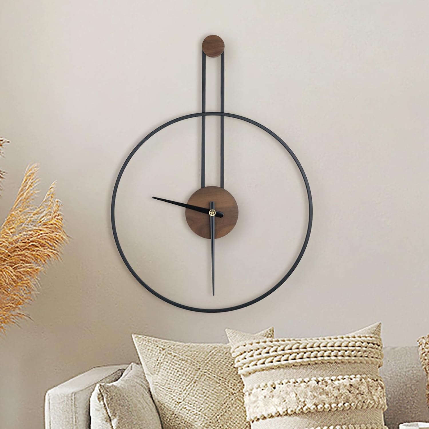 DRELIFAM Modern Wall Clock Large Wall Clocks with Walnut Dial Silent Non-Ticking for Living Room Home Decor Bedroom Kitchen Office 17.8”× 24.4” (Black, Medium)